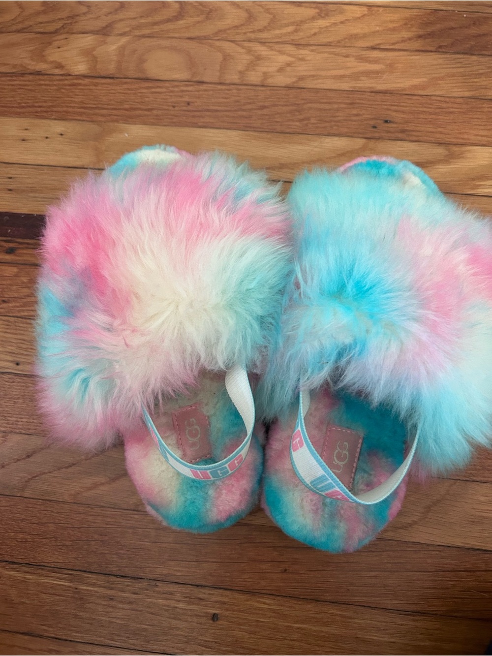 Kids UGG Tie-Dye Fur Slide Slippers - Pastel Pink & Blue